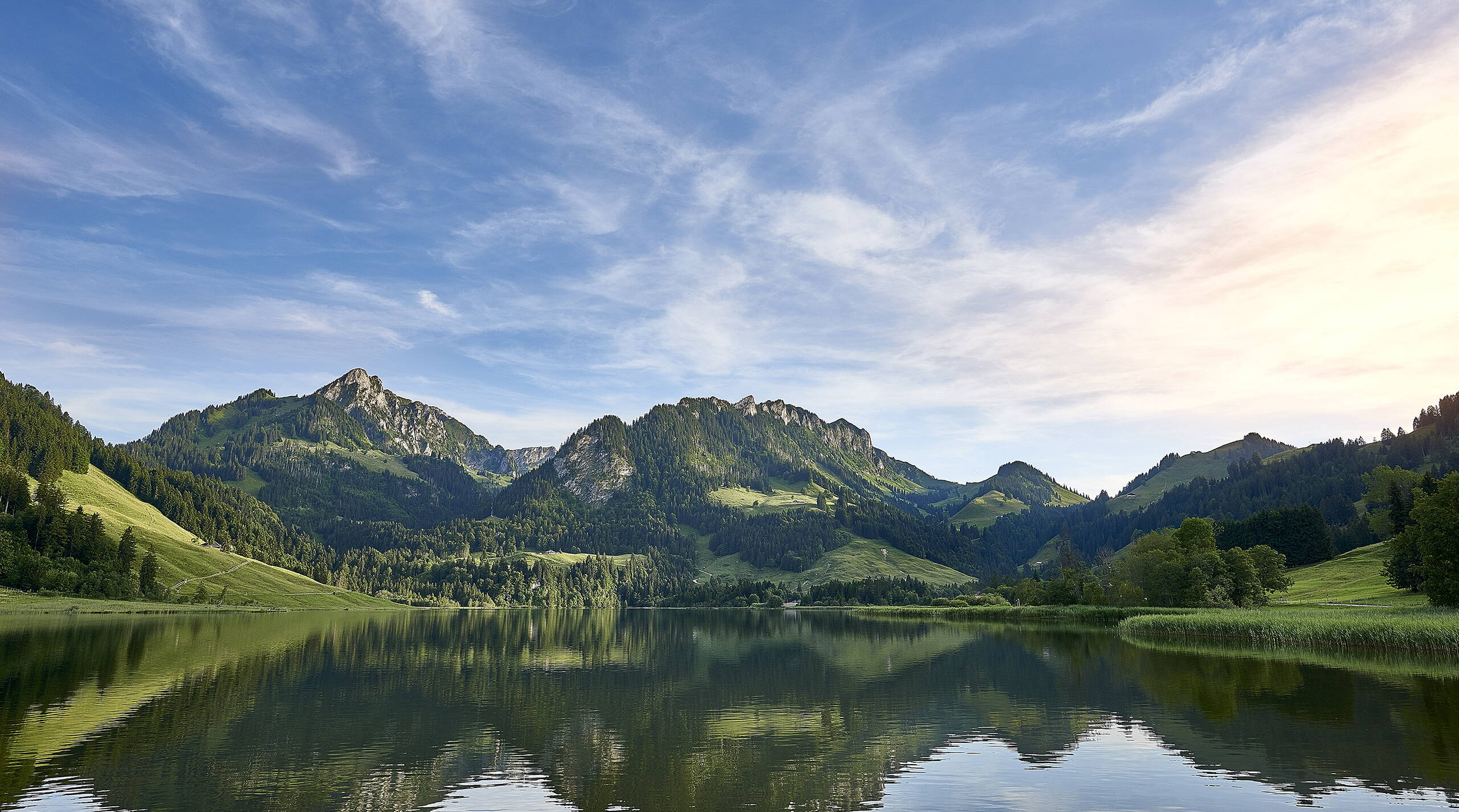 Hostellerie am Schwarzsee Aussicht auf den See und die Alpen